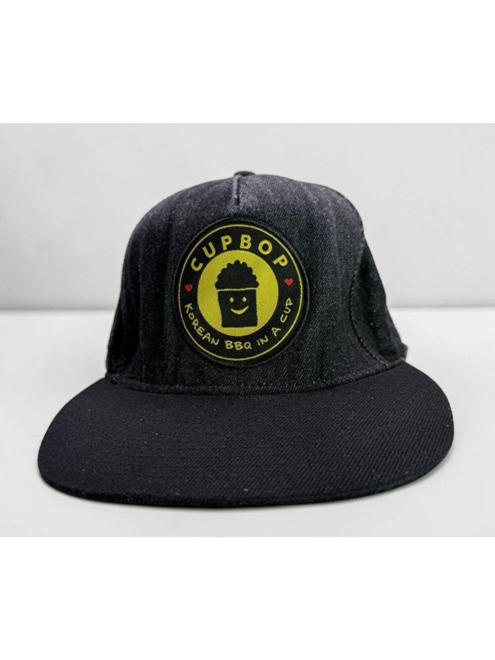 Cupbop Snapback Hat Black Denim Korean BBQ in a Cup Gold Patch